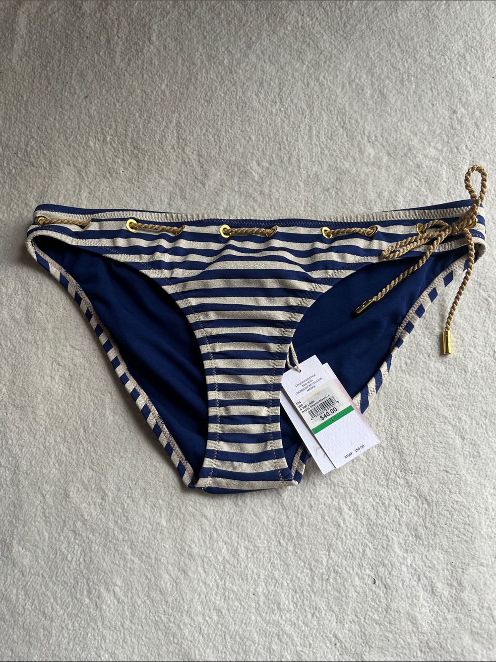 Jessica Simpson Navy and Cream Striped Bikini Bottom with Gold Rope Accent